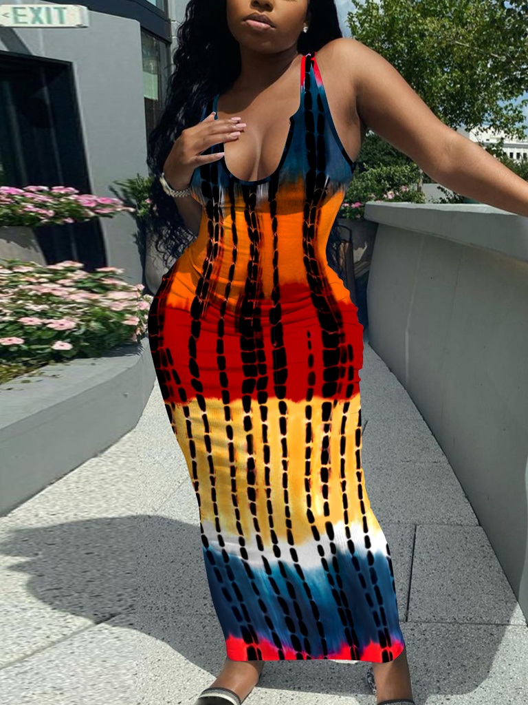 Casual U Neck Tie-dye Multicolor Ankle Length Dress