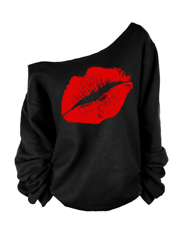 COTTON One Shoulder Lip Print Sweatshirt