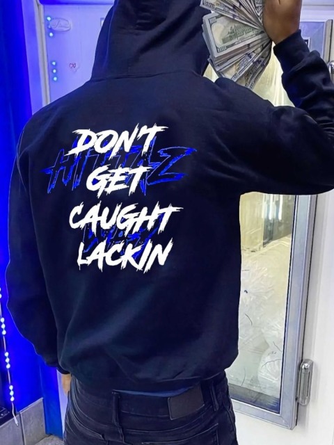 Men Letter Print Dark Blue Street Hoodie