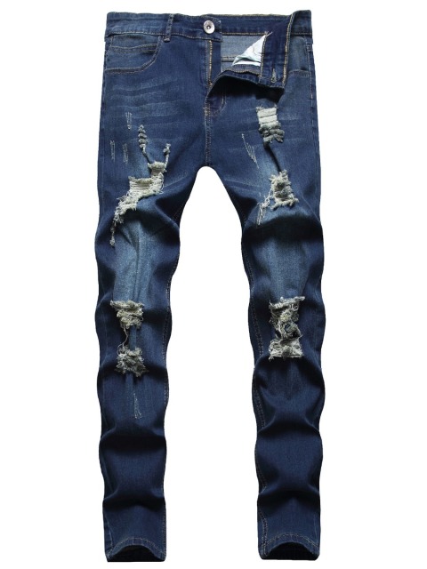 Men Street Denim Mid Waist Ripped Jeans