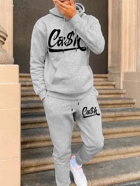 Men Letter Print Kangaroo Pocket Tracksuit Set