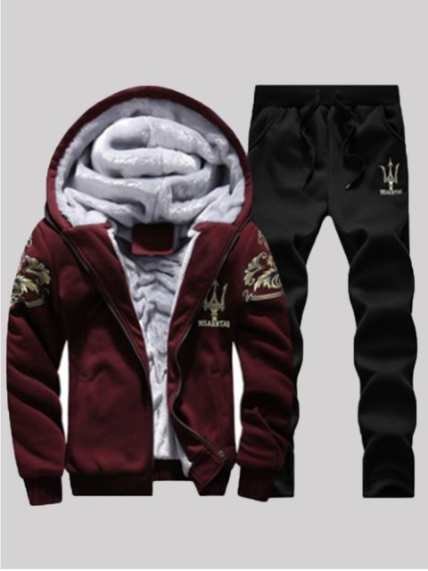 Men Hooded Colllar Letter Print Red Tracksuit Set