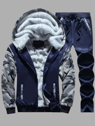 Men Hooded Colllar Letter Print Blue Tracksuit Set