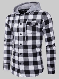 Men Hooded Collar Plaid Print Jacket