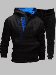 Men Hooded Collar Black Tracksuit Set