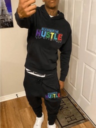 Men Letter Print Fashion Black Sweatsuit Set